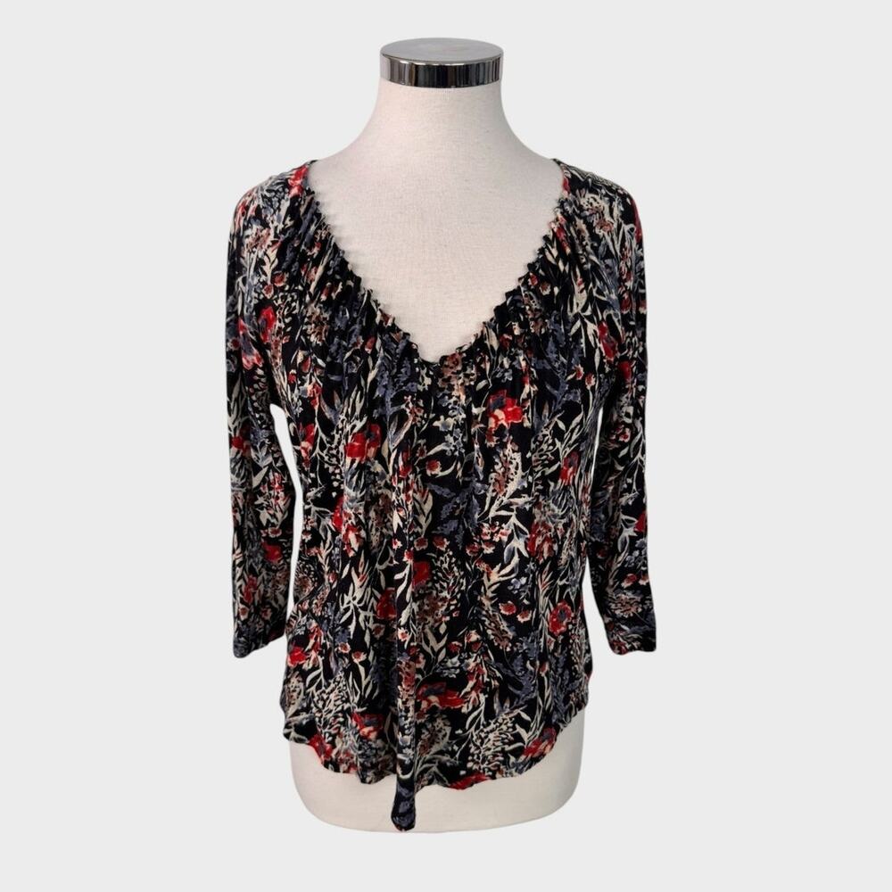 Lucky Brand Womens Small 3/4 Sleeve V Neck Top Floral
